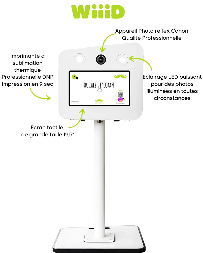 Borne photo WiiiD : appareil réflex Canon, imprimante DNP, écran tactile 19,5 pouces